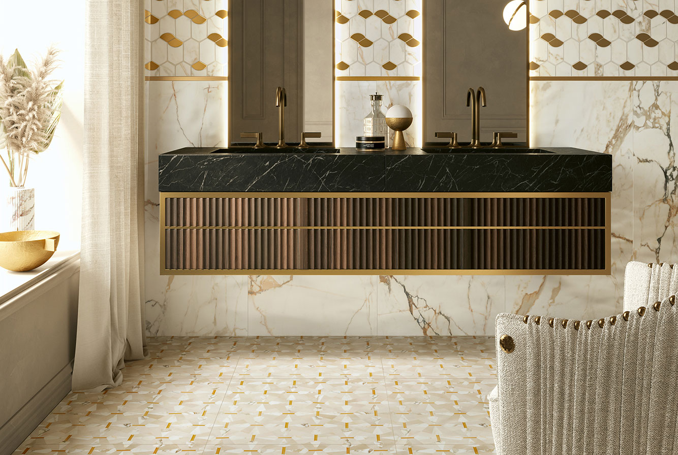 VALLELUNGA /  LUCE ORO SATIN /  LUCE DECORO SIENA SATIN /  LUCE GREY MOSAIC ESAGONA RAME